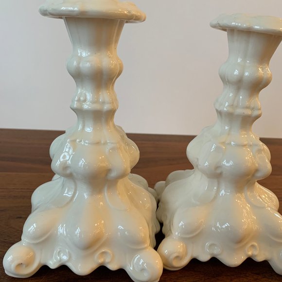 Pair of Ornate White Ceramic Candle Sticks - Picture 5 of 5